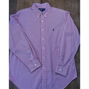 Ralph Lauren Red & White Striped Classic Fit Button Down Shirt 100% Cotton 17/34